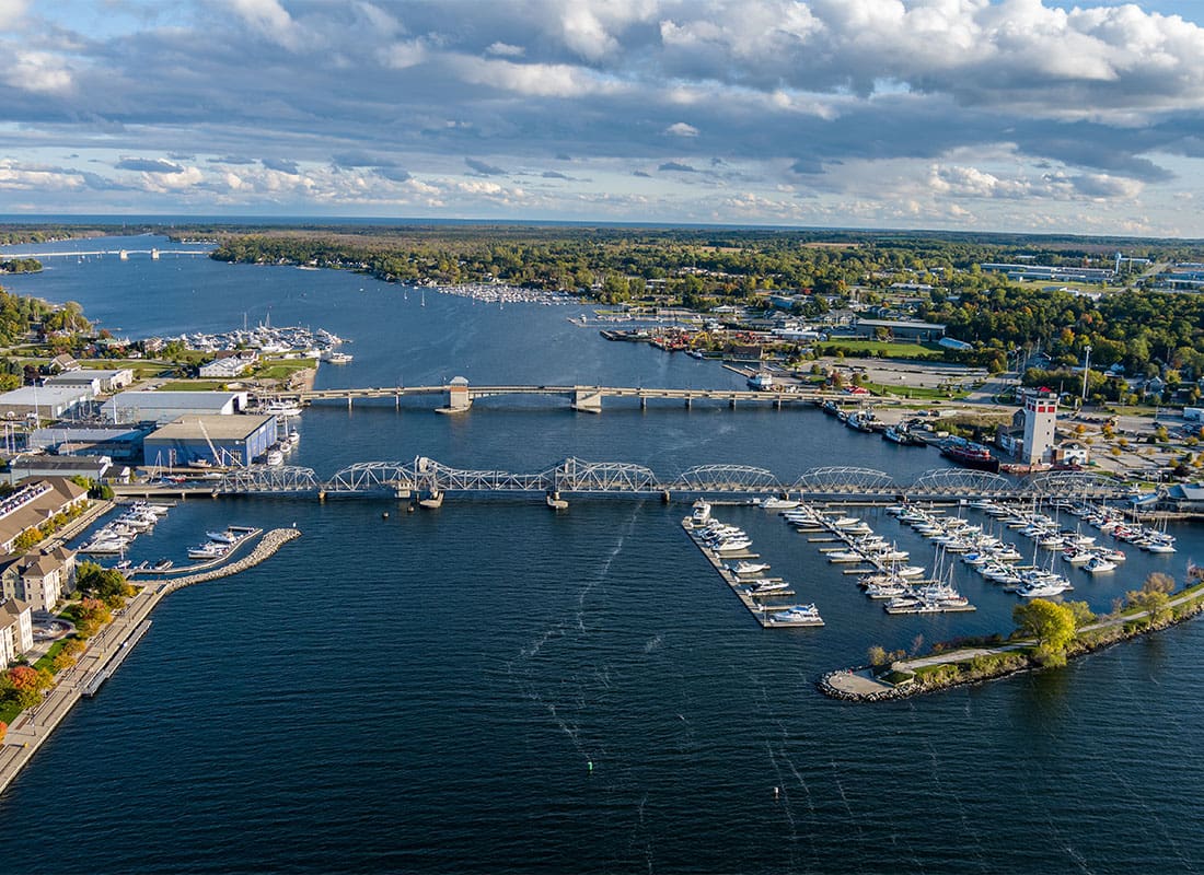 Sturgeon Bay, WI - Aerial View of Downtown Sturgeon Bay Wisconsin with Boats on the Water on a Sunny Day
